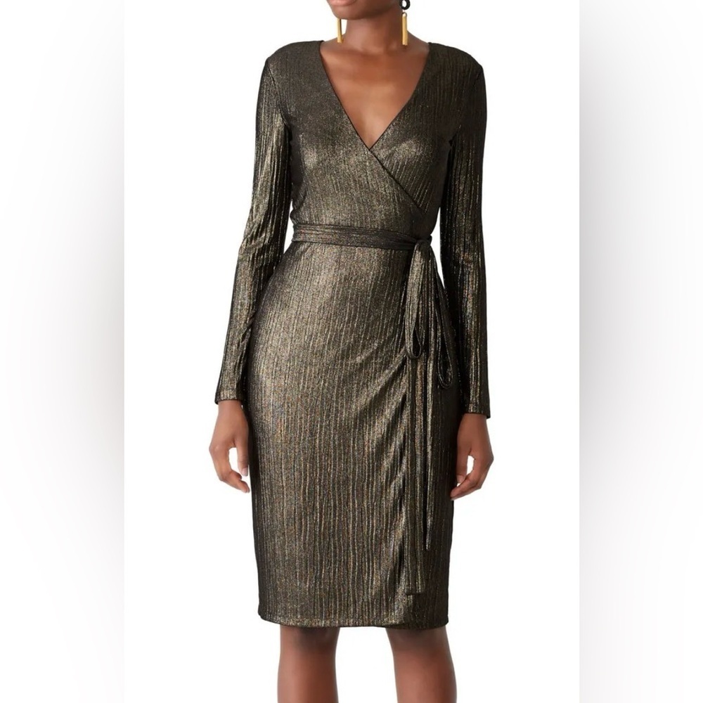 Rachel Roy Gold Bronze Metallic Long Sleeve Wrap Dress XS